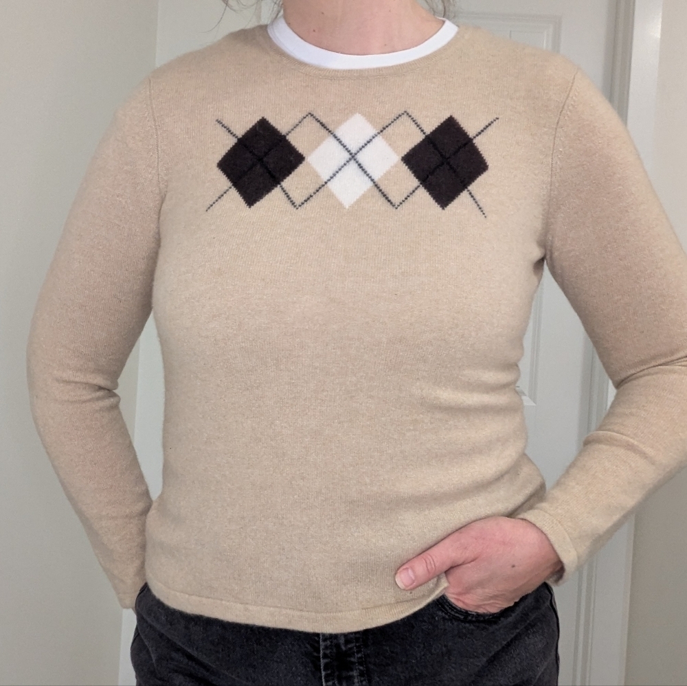 Land's End 100% Cashmere Camel Argyle Crewneck Sweater Womens Size Medium